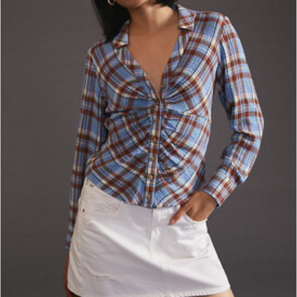 Anthropologie Pilcro Light Blue & Brown Plaid Ruched Button-Up Women’s Top XS
